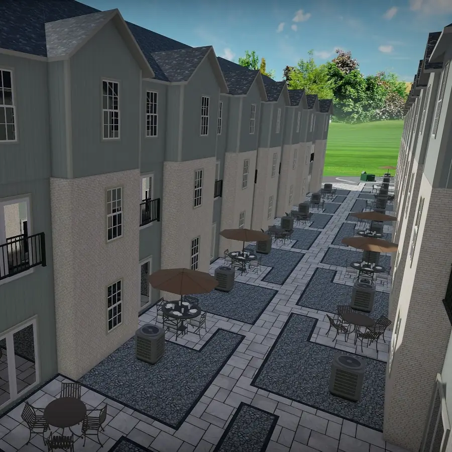 3D rendering of a commercial townhome courtyard design