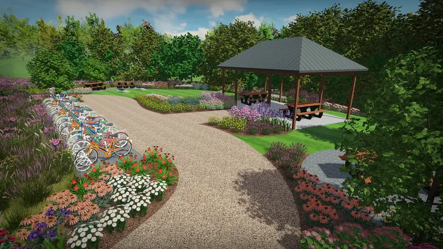 Garden design rendering with flower beds, path and gazebo