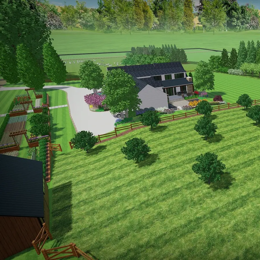 Aerial 3D rendering of a homestead layout with home, lawn and trees