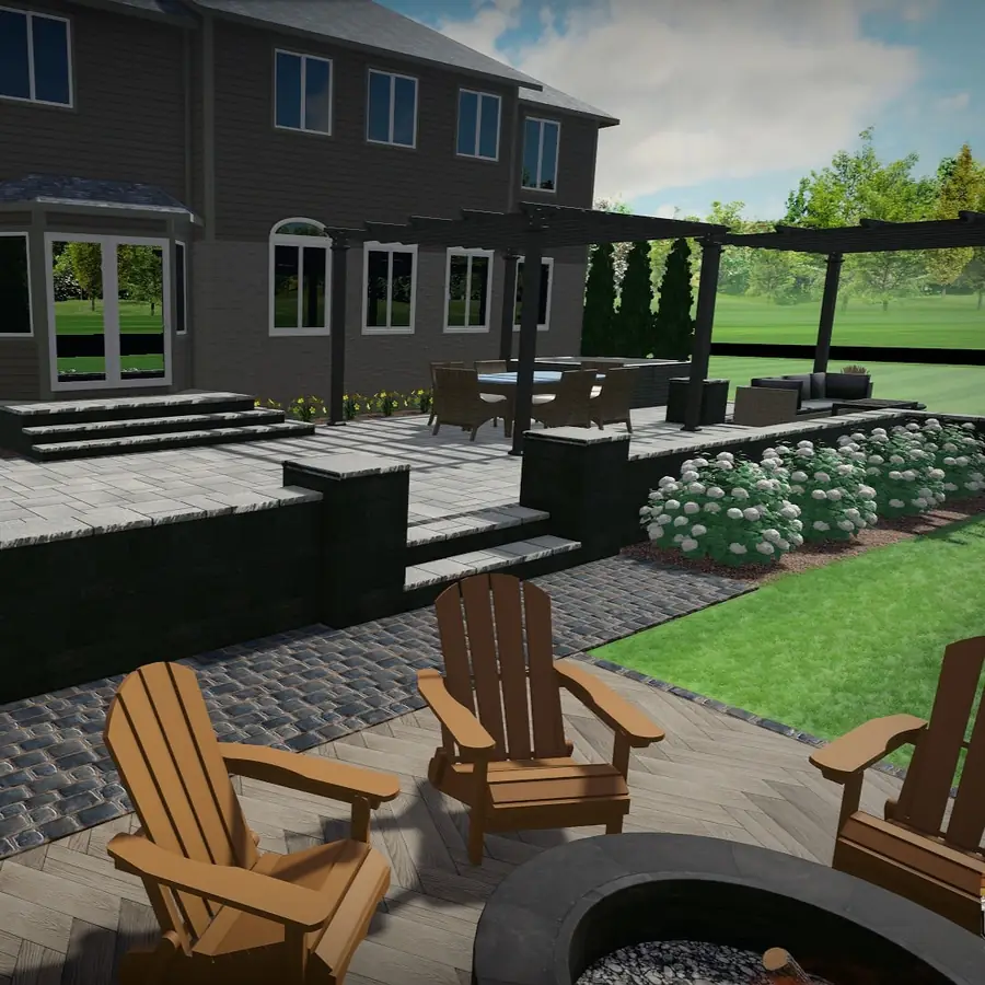 3D rendering of a residential patio with Adirondack chairs and fire pit
