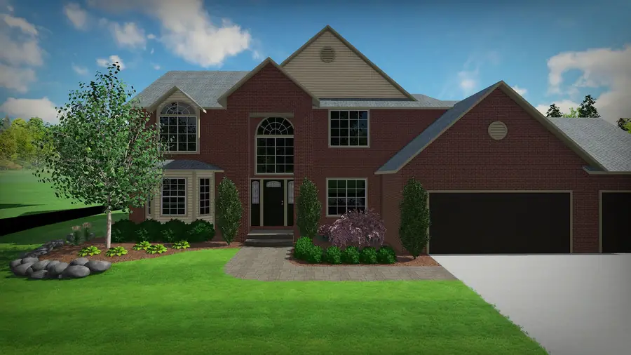 Front-yard landscape rendering for a brick spec home
